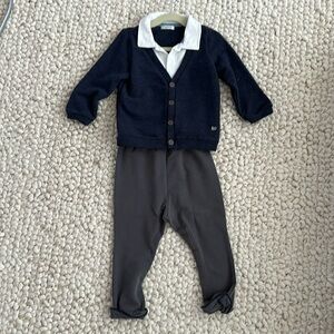 Agabang 2T navy cardigan with white button down attached with gray pant set